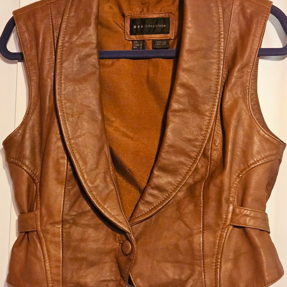 MNG Mango Distressed Leather Vest Medium Collared Single Button Multi Tone Tan